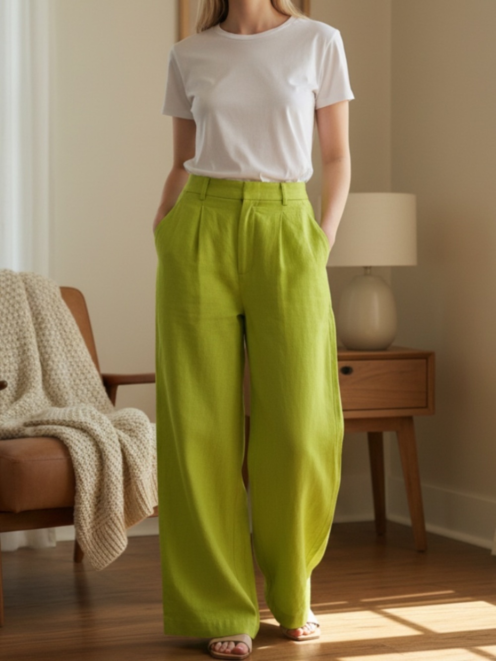 Mara Hoffman Wide Leg Trouser Pants 100% Hemp Size 2 Neon Green High Waisted - Picture 3 of 14